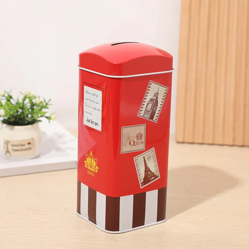 Vintage British Red Mailbox Tin Penny Bank